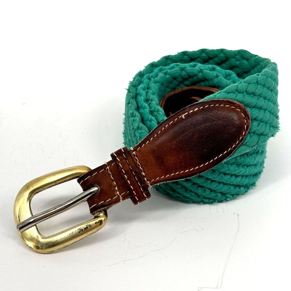Torino Green Woven Belt Vintage 6383 Solid Brass Buckle 37.25" x 1 3/8"